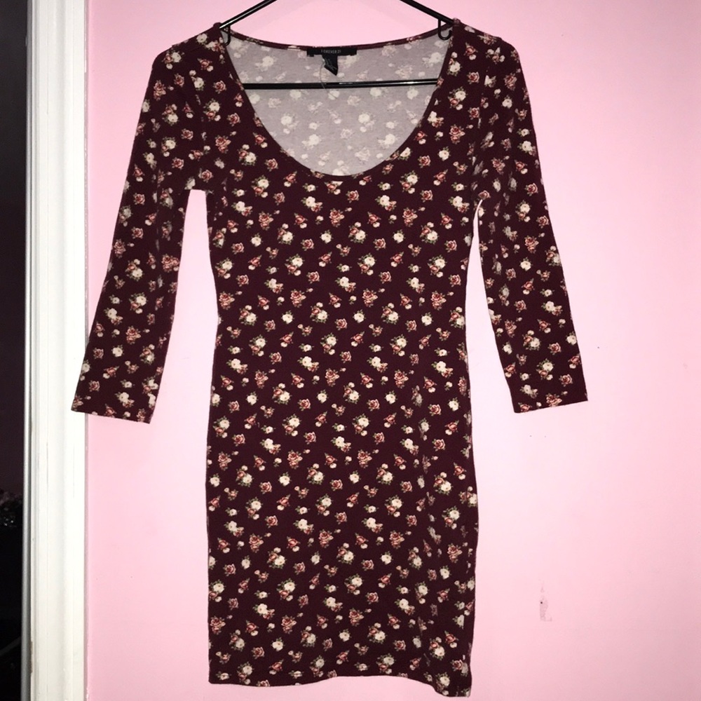 BodyCon Burgundy Floral Three Quarter Sleeve Dress